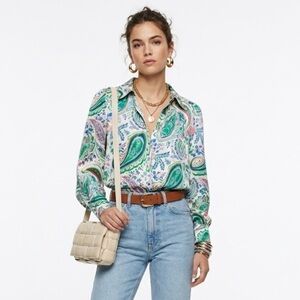 Zara Satin Paisley Floral Blouse Button Down Shirt Top Medium